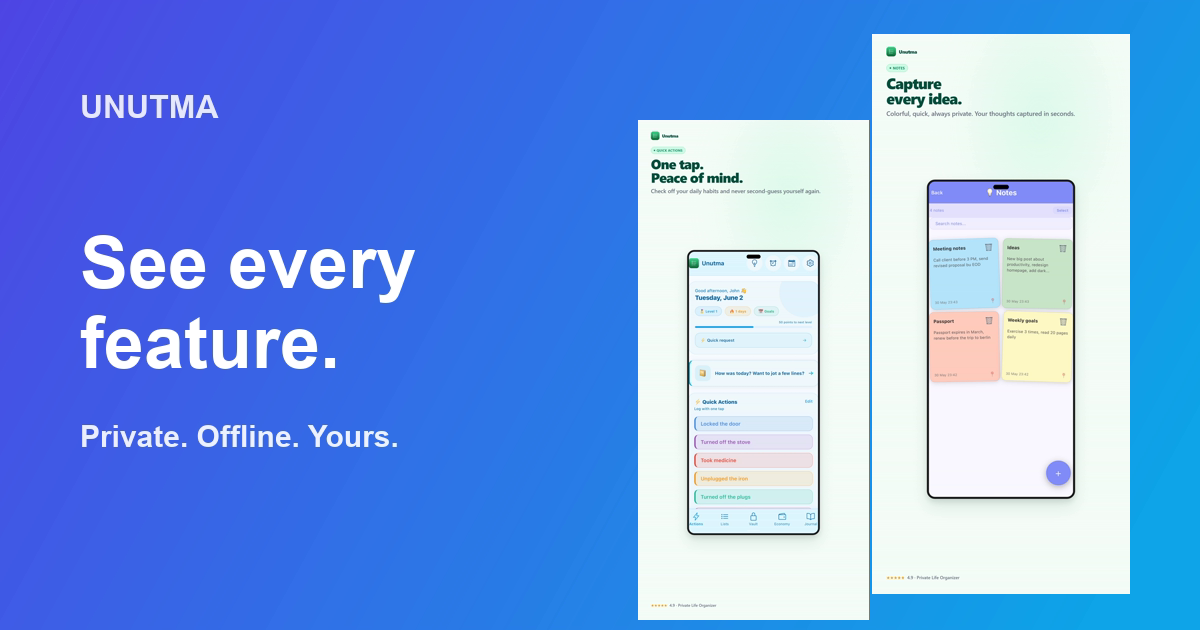 Unutma app showcase with iPhone screenshots