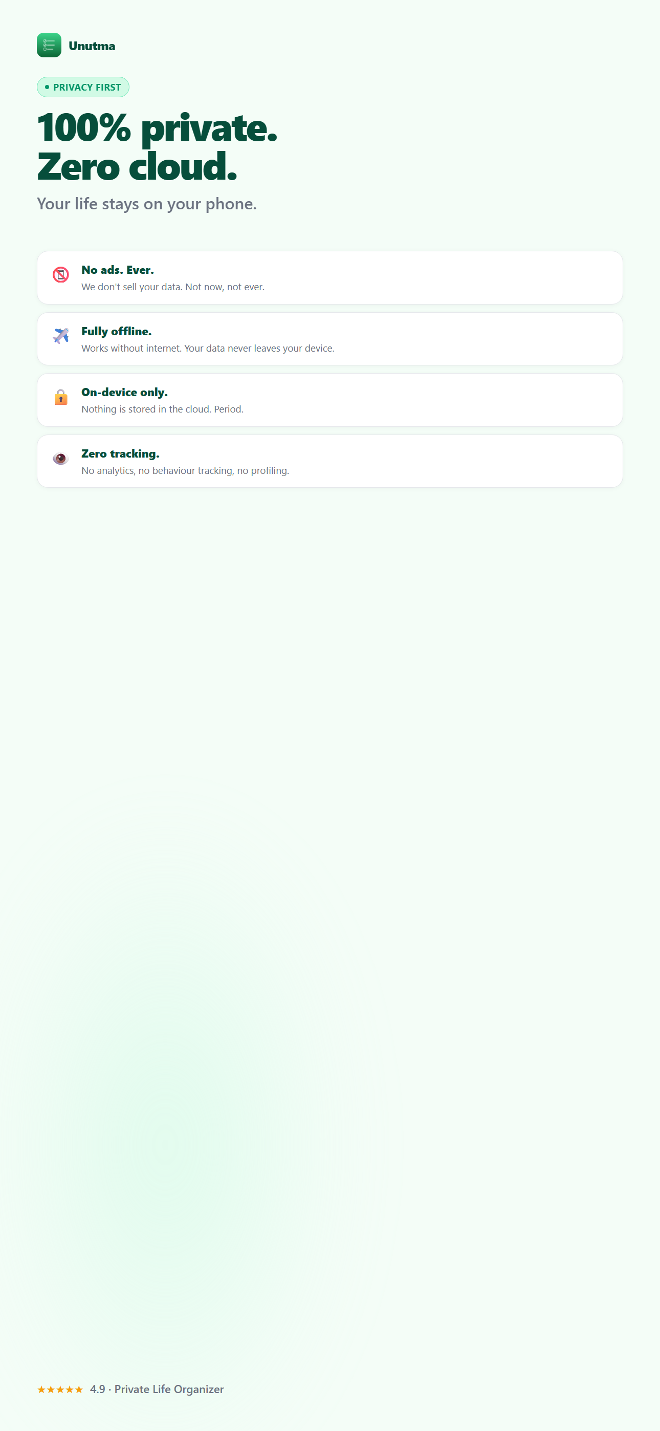 Unutma privacy screenshot