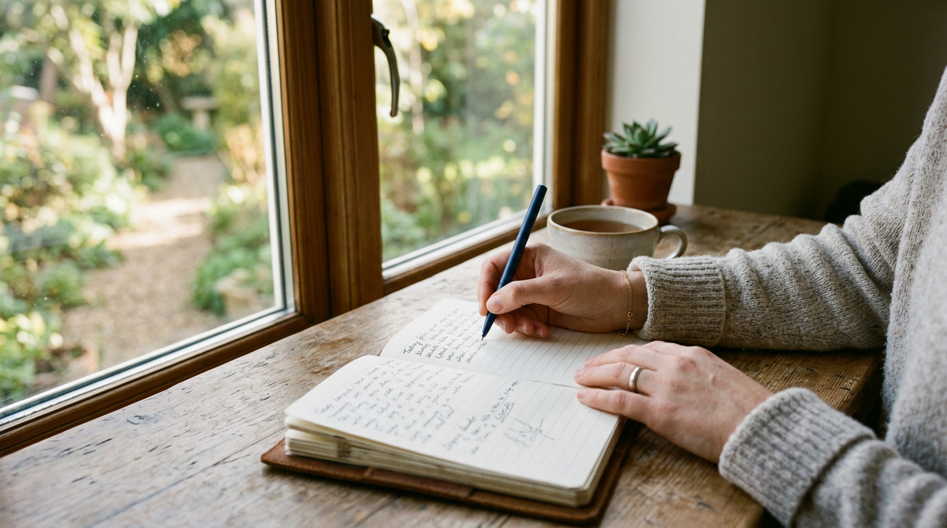 Hands writing in an open journal by a bright window