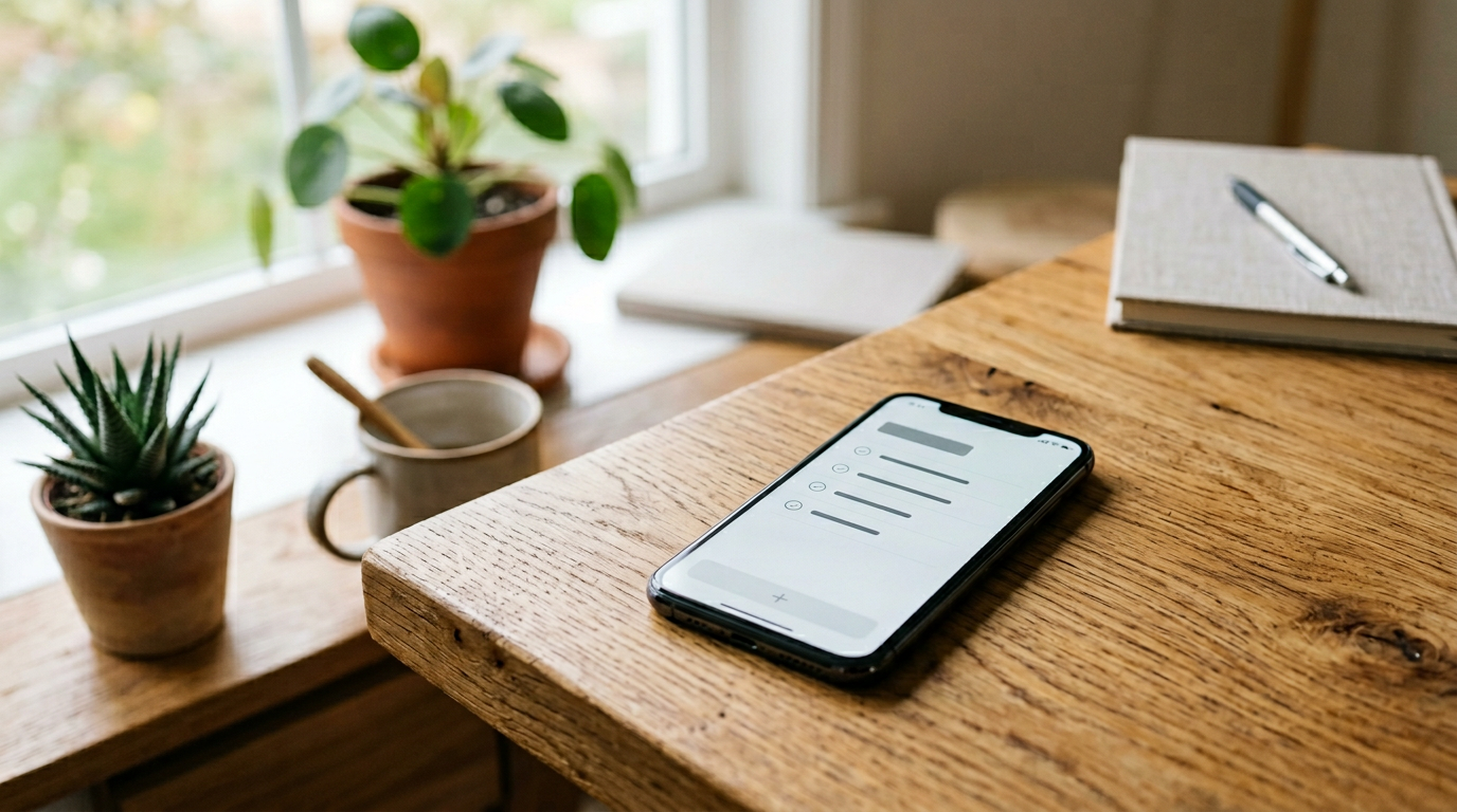 Smartphone on a desk with a calm to-do workflow, natural light