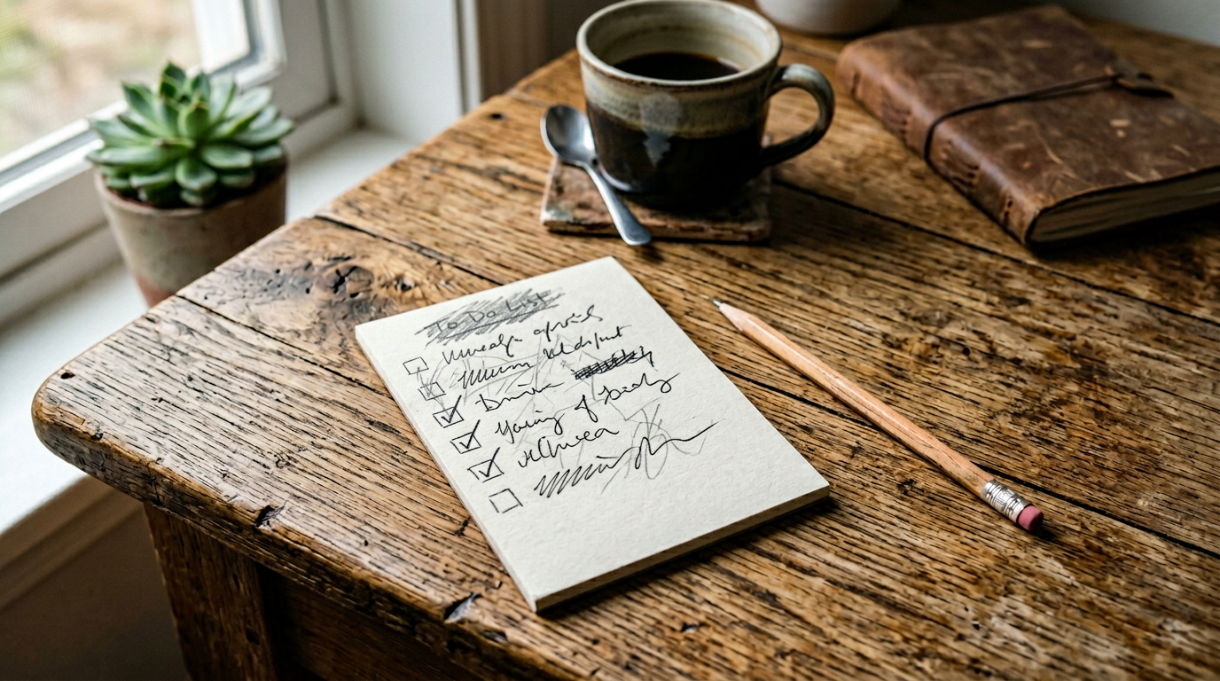Paper to-do list with checkboxes and pencil on a desk