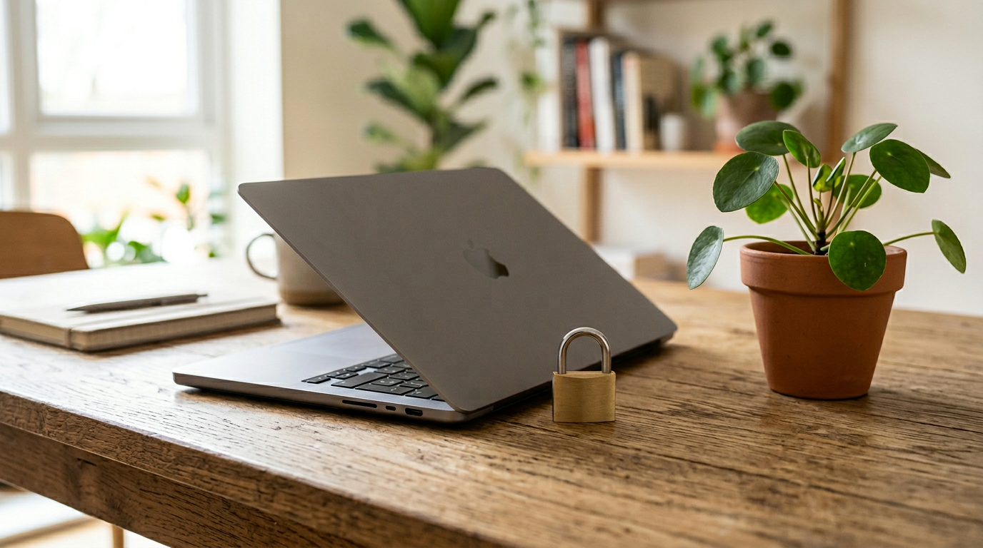 Laptop and padlock on a desk suggesting on-device privacy