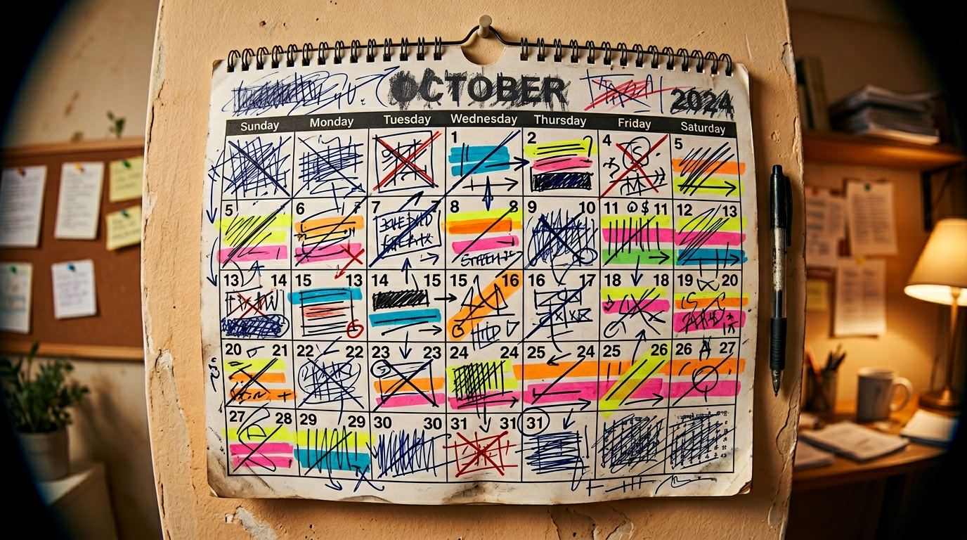 Heavily marked wall calendar, visual overload