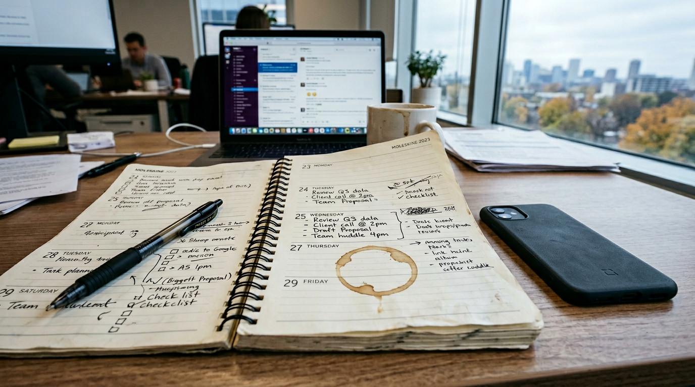 Mid-week planner and coffee on a desk