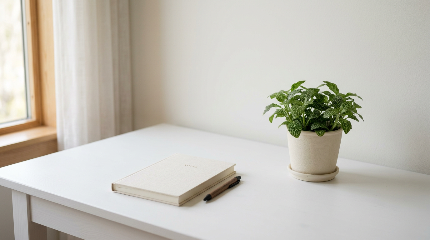 Minimal white desk with a single plant and notebook