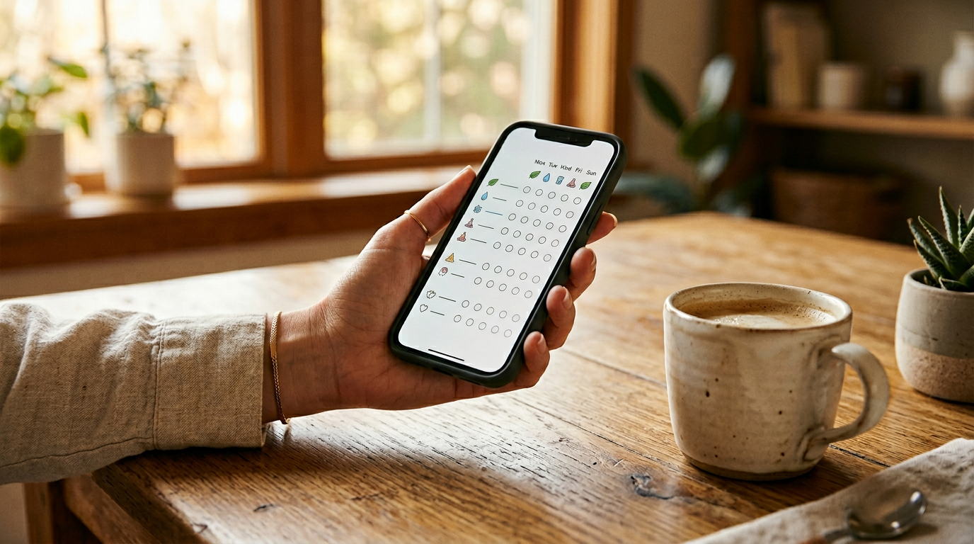 Morning coffee and phone suggesting calm daily habit tracking