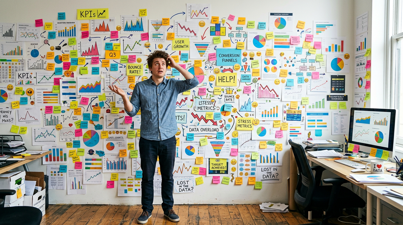 Person overwhelmed by colorful charts and stickers