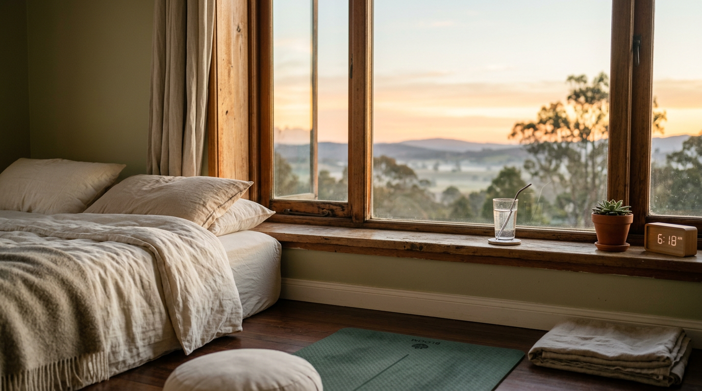 Sunrise light through a window with water glass and yoga mat