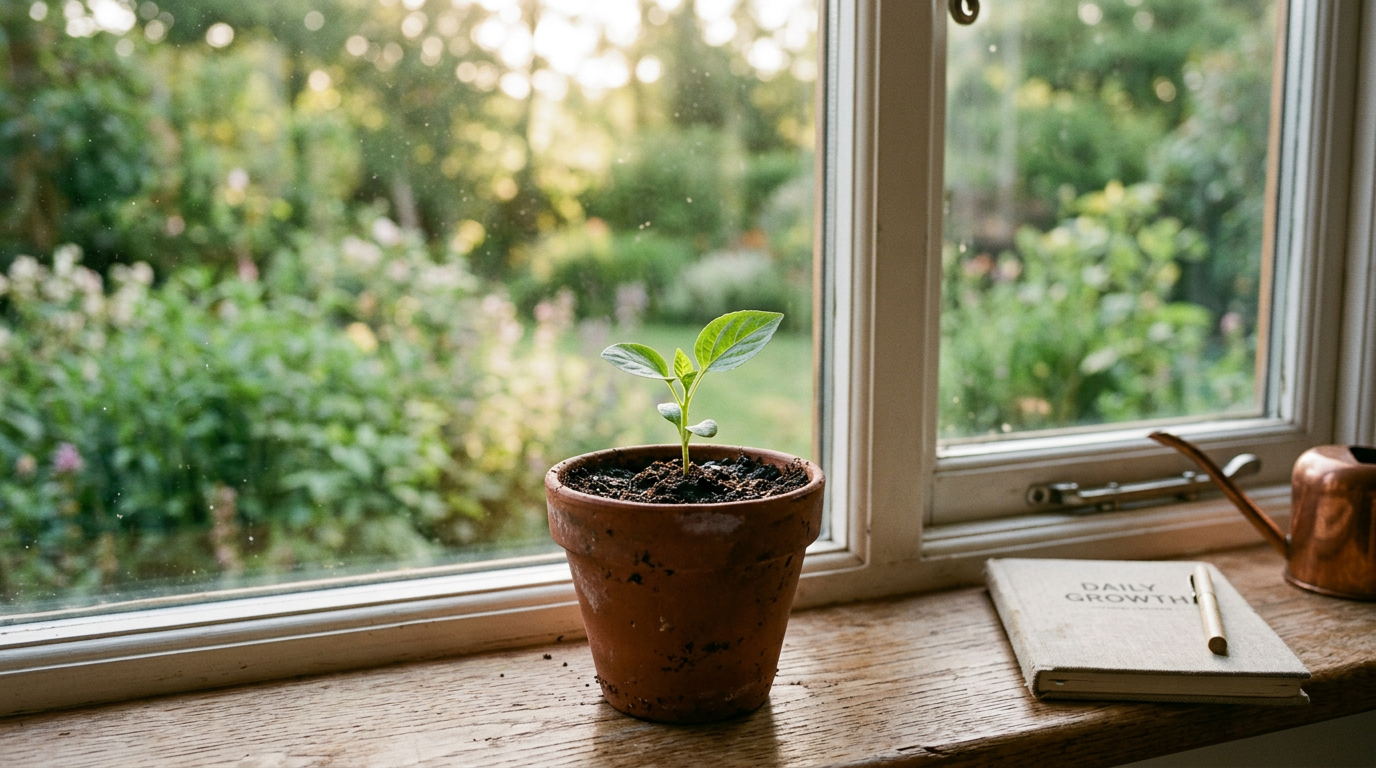 Small green plant on a windowsill in morning light