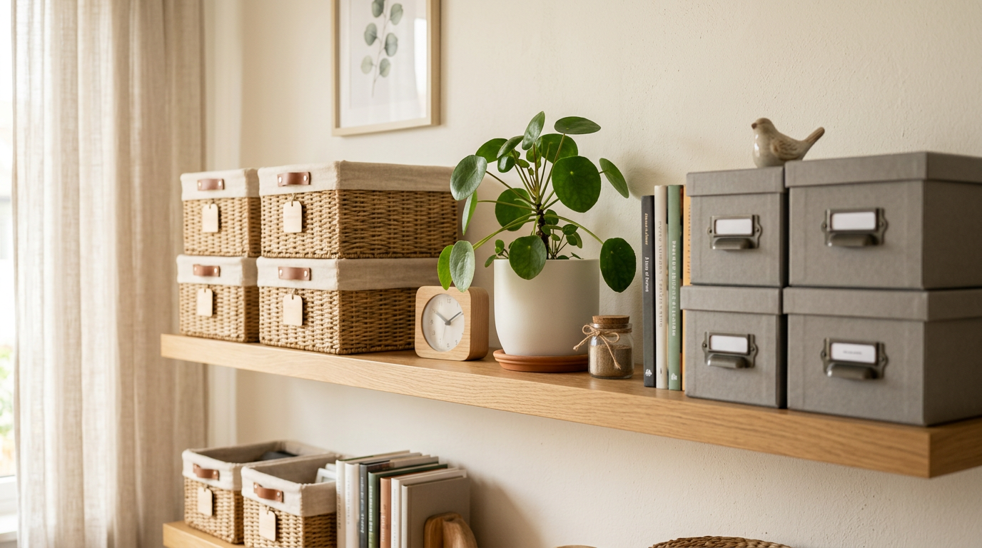 Tidy shelf with storage boxes and a small plant