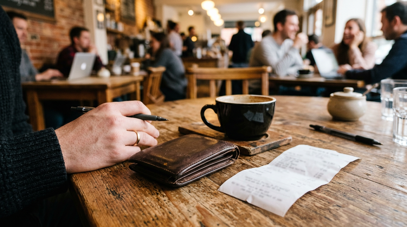Wallet and receipt on a café wooden table, warm ambient light