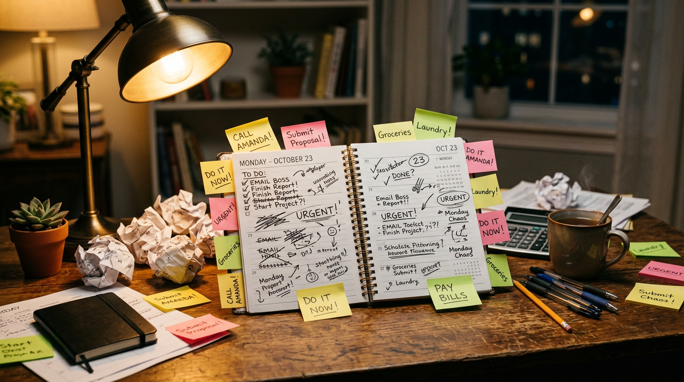 Crumpled calendar papers under a warm desk lamp