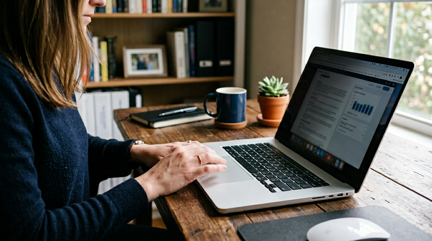 Laptop on a home office desk with subtle privacy-focused mood