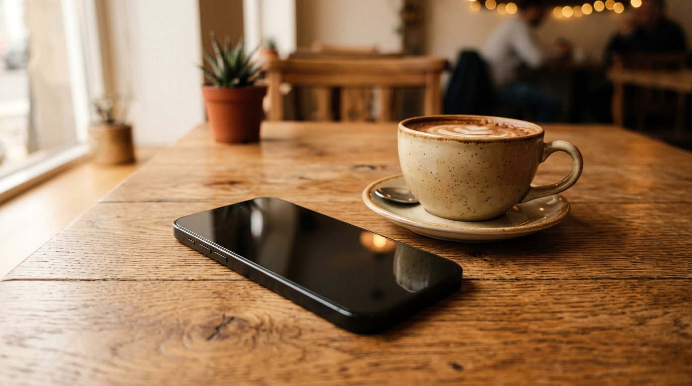 Smartphone and coffee cup on a wooden table, calm lifestyle photo