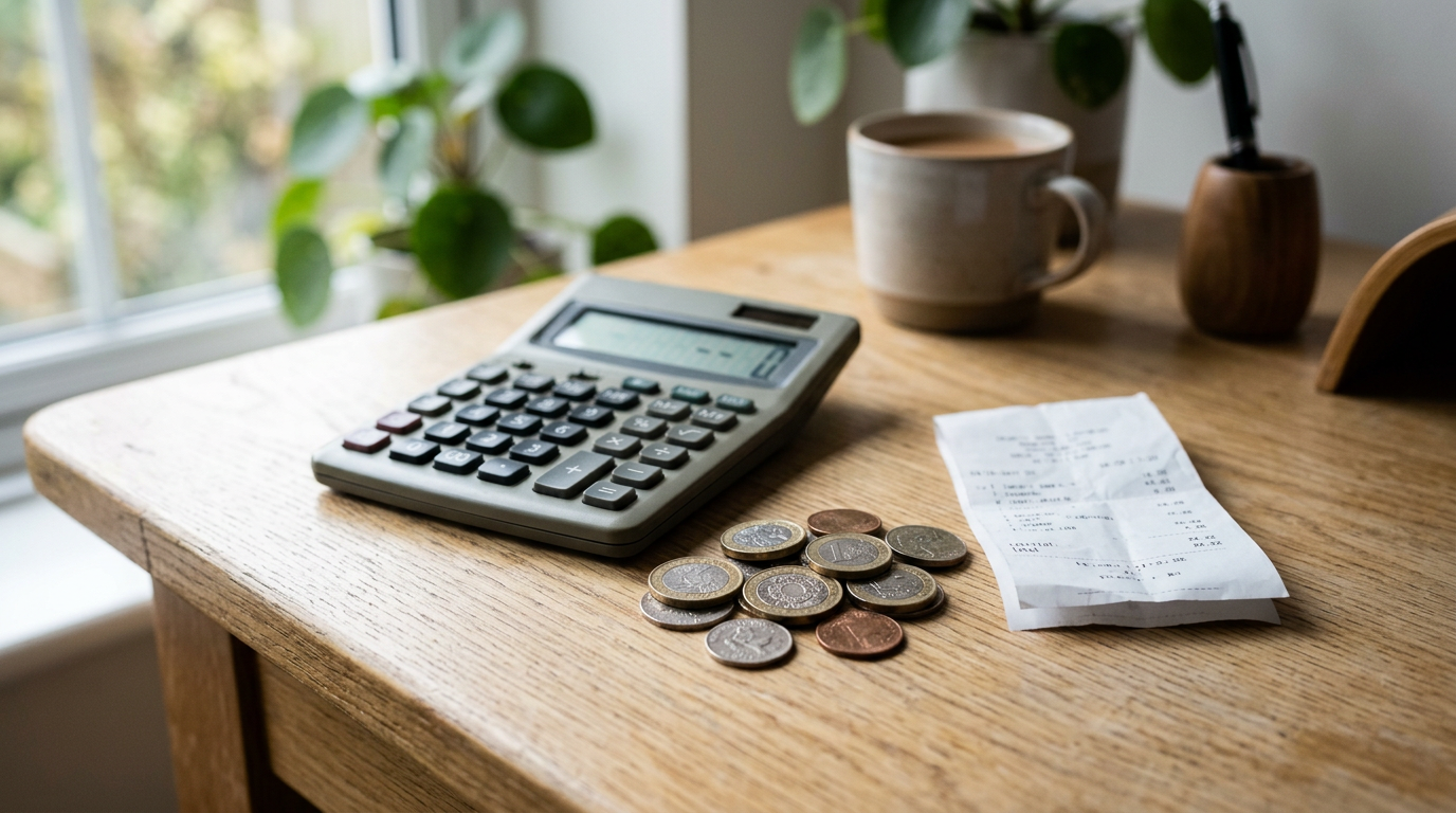 Calculator, coins, and receipt on a desk in daylight