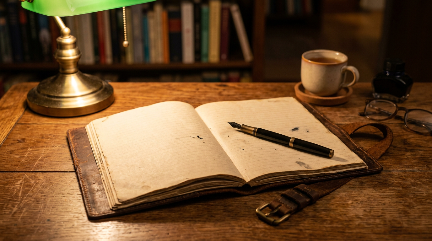 Open journal with fountain pen in warm lamplight