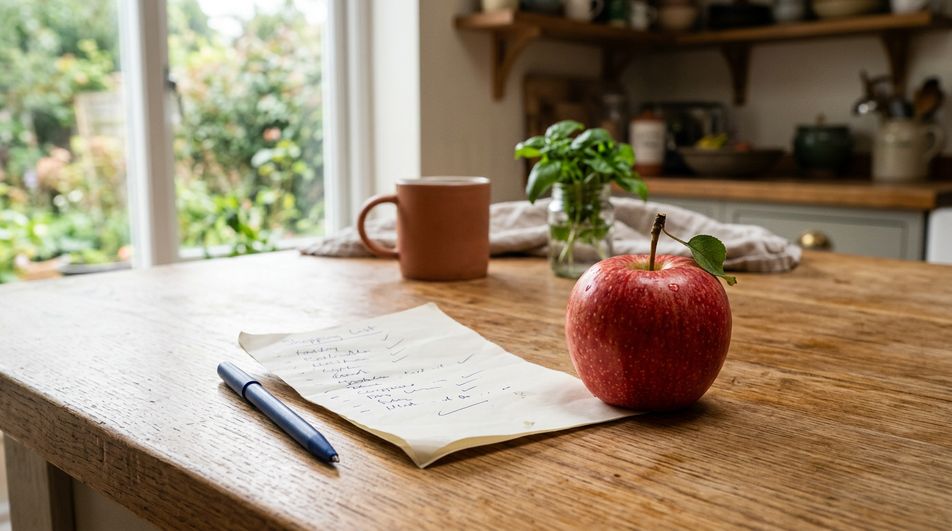 Handwritten shopping list and fresh fruit on a kitchen counter
