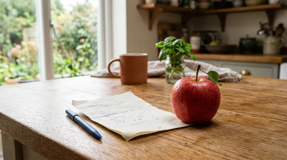 Handwritten shopping list and fresh fruit on a kitchen counter