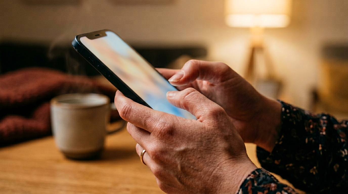 Hands holding a smartphone in warm indoor light