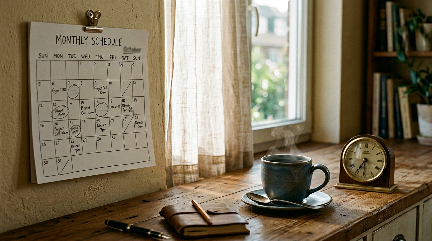 Wall calendar, clock, and morning coffee by a window