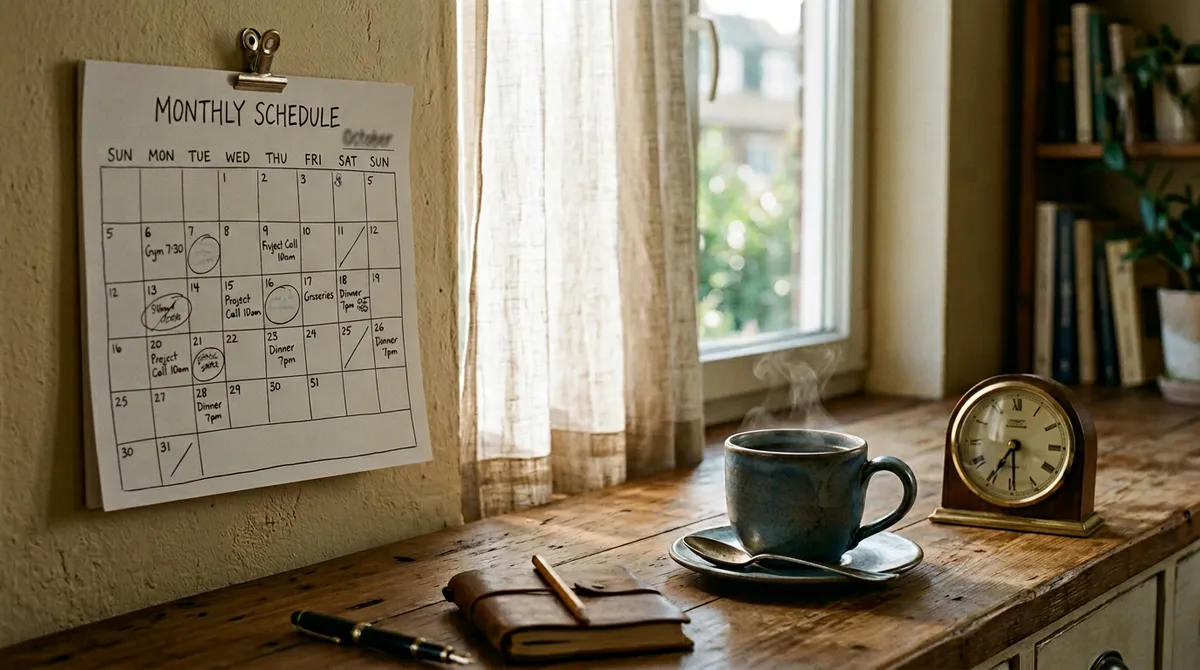 Wall calendar, clock, and morning coffee by a window