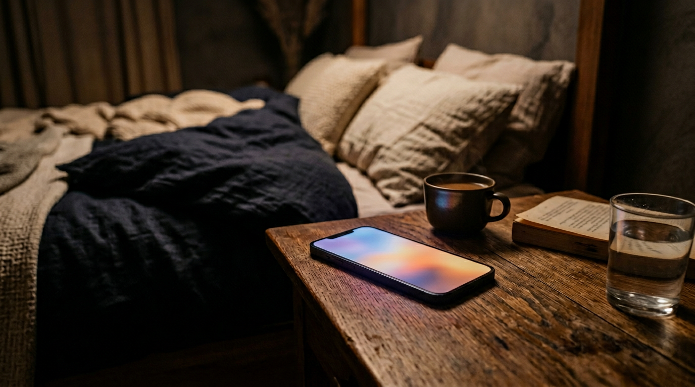 Smartphone on a nightstand with soft colorful glow from the screen
