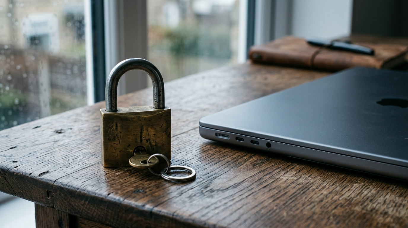 Padlock and laptop on a wooden desk, security and privacy mood