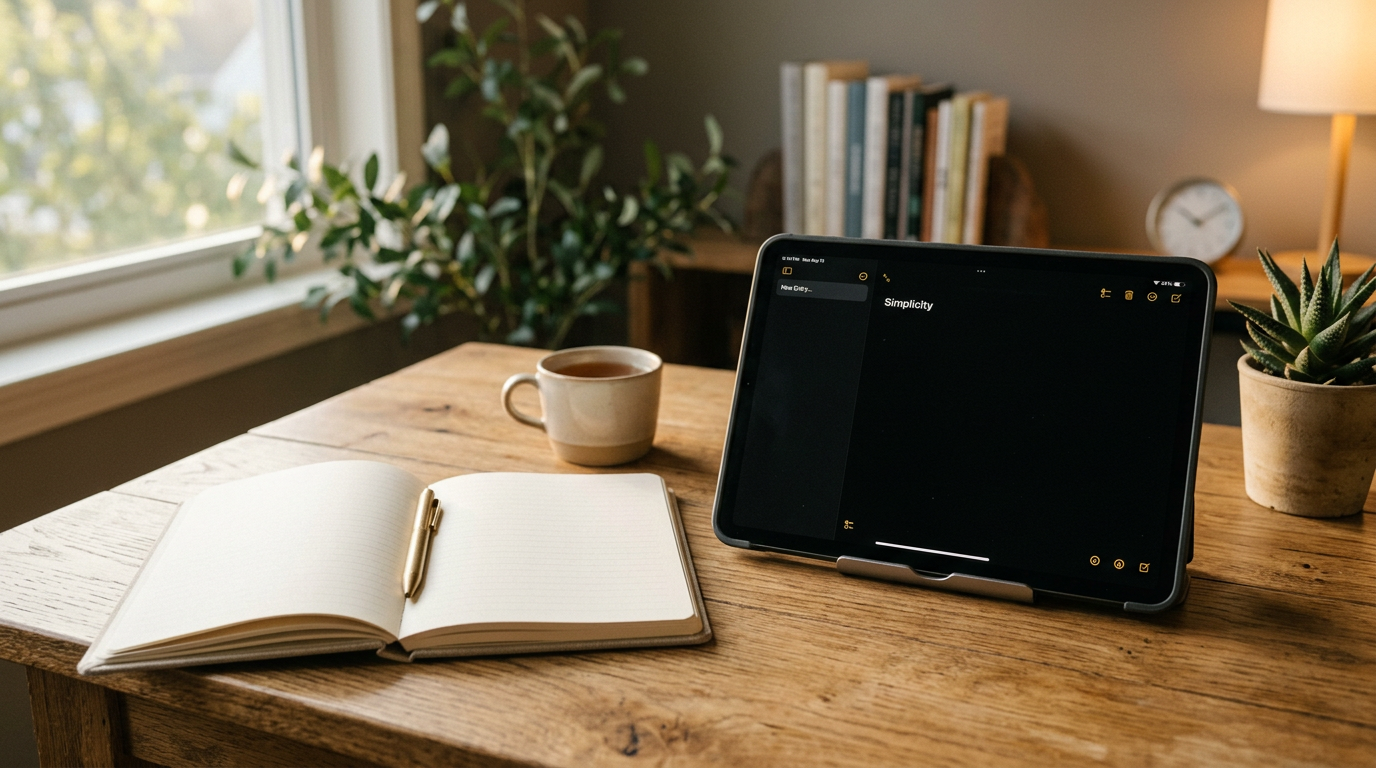 Notebook and tablet on a calm desk, simple system metaphor