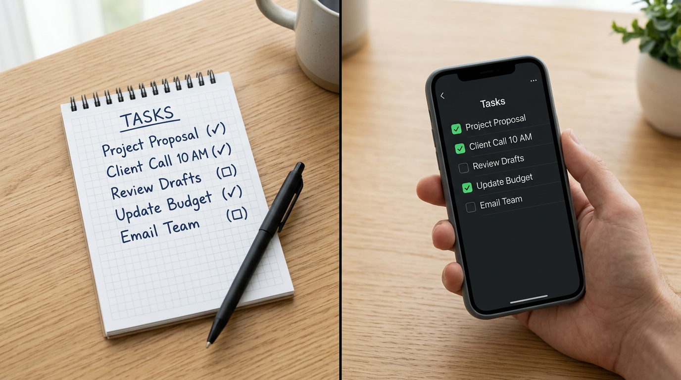 Desk with checklist and phone suggesting task app comparison