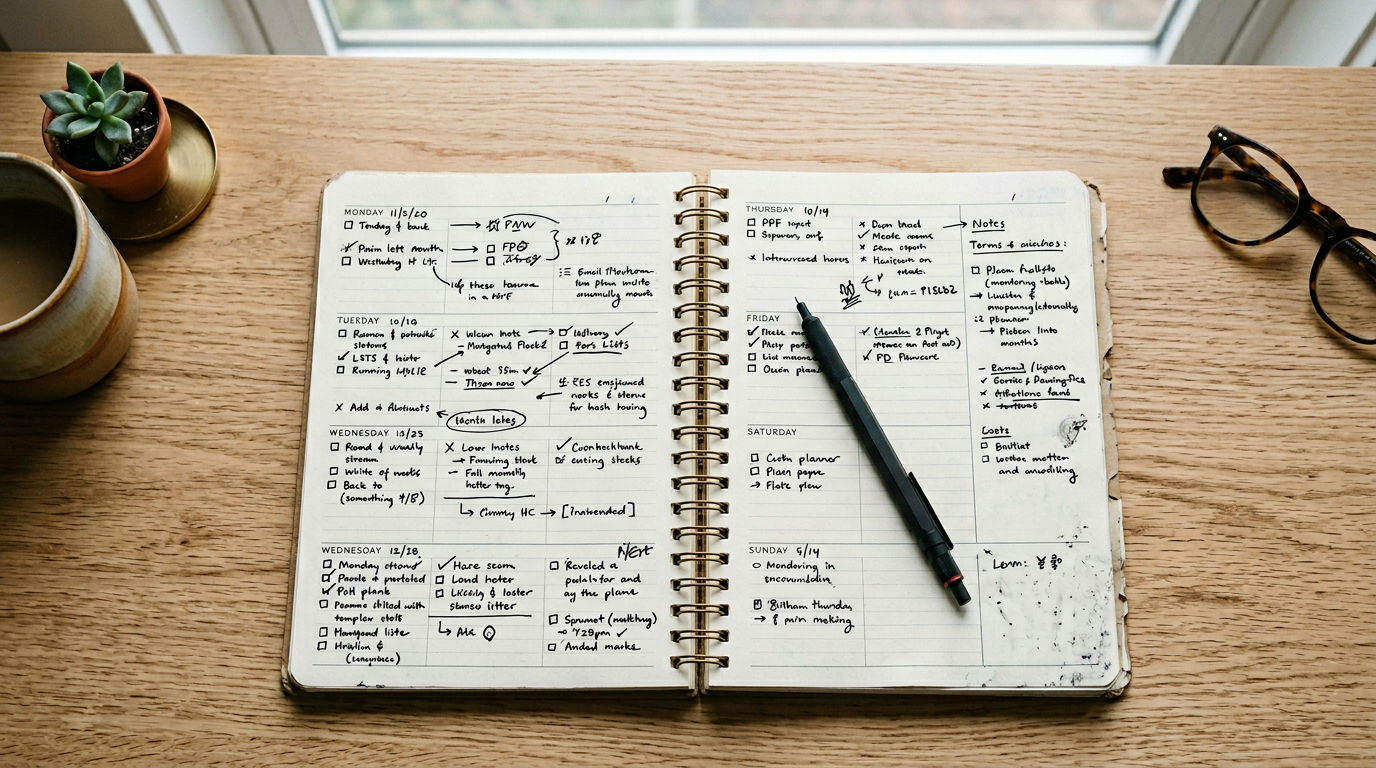 Weekly paper planner and pen on a wooden desk