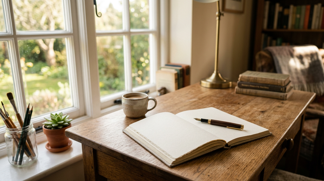 Cozy desk with notebook, pen, and soft morning light by a window