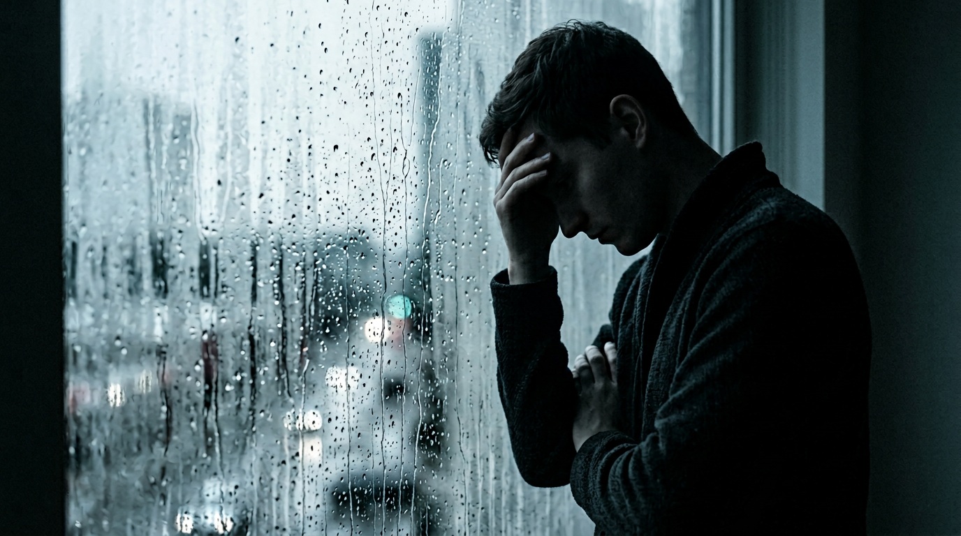 Person at a window on a grey day, reflective mood