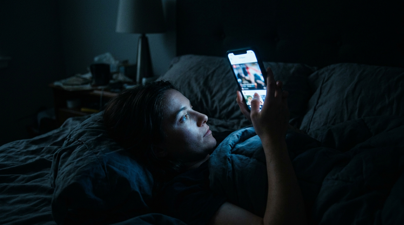 Phone glow in a dark room, late night distraction