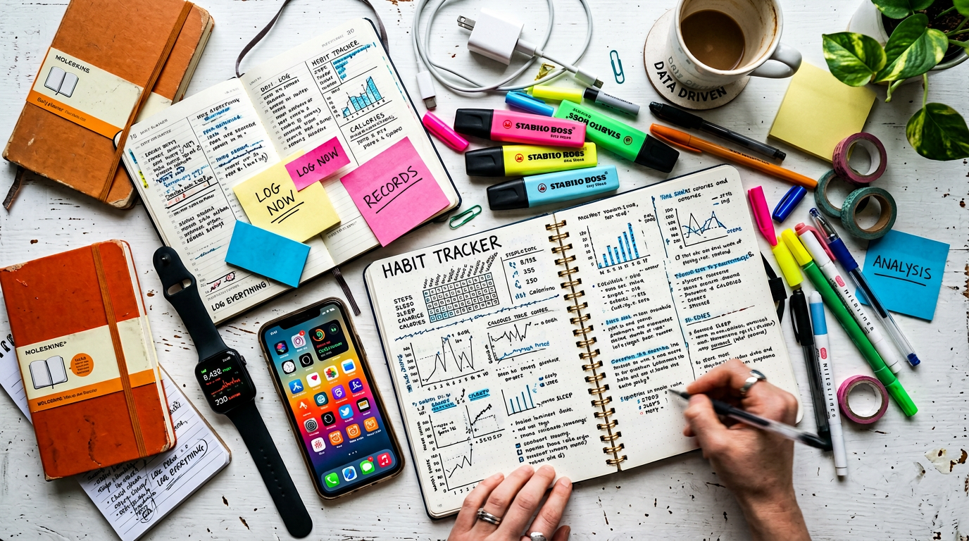 Cluttered desk with notebooks and trackers, overload