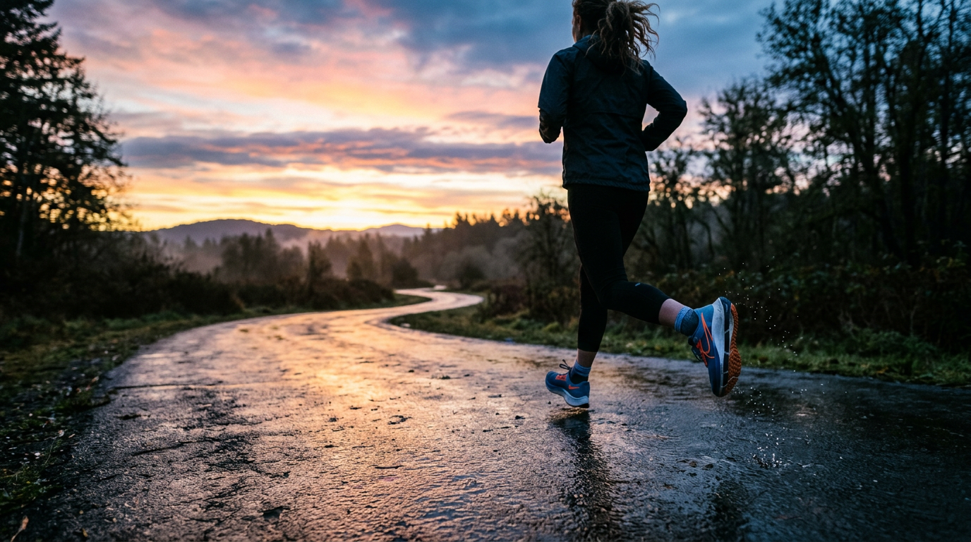 Running shoes on pavement at dawn, fresh start